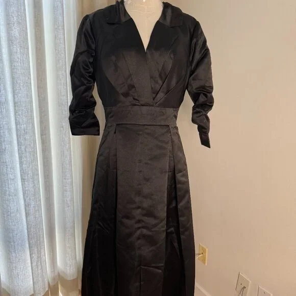 NEW Black Heavy Satin Collared Old Hollywood Vintage Long Dress Gown - Picture 5 of 5
